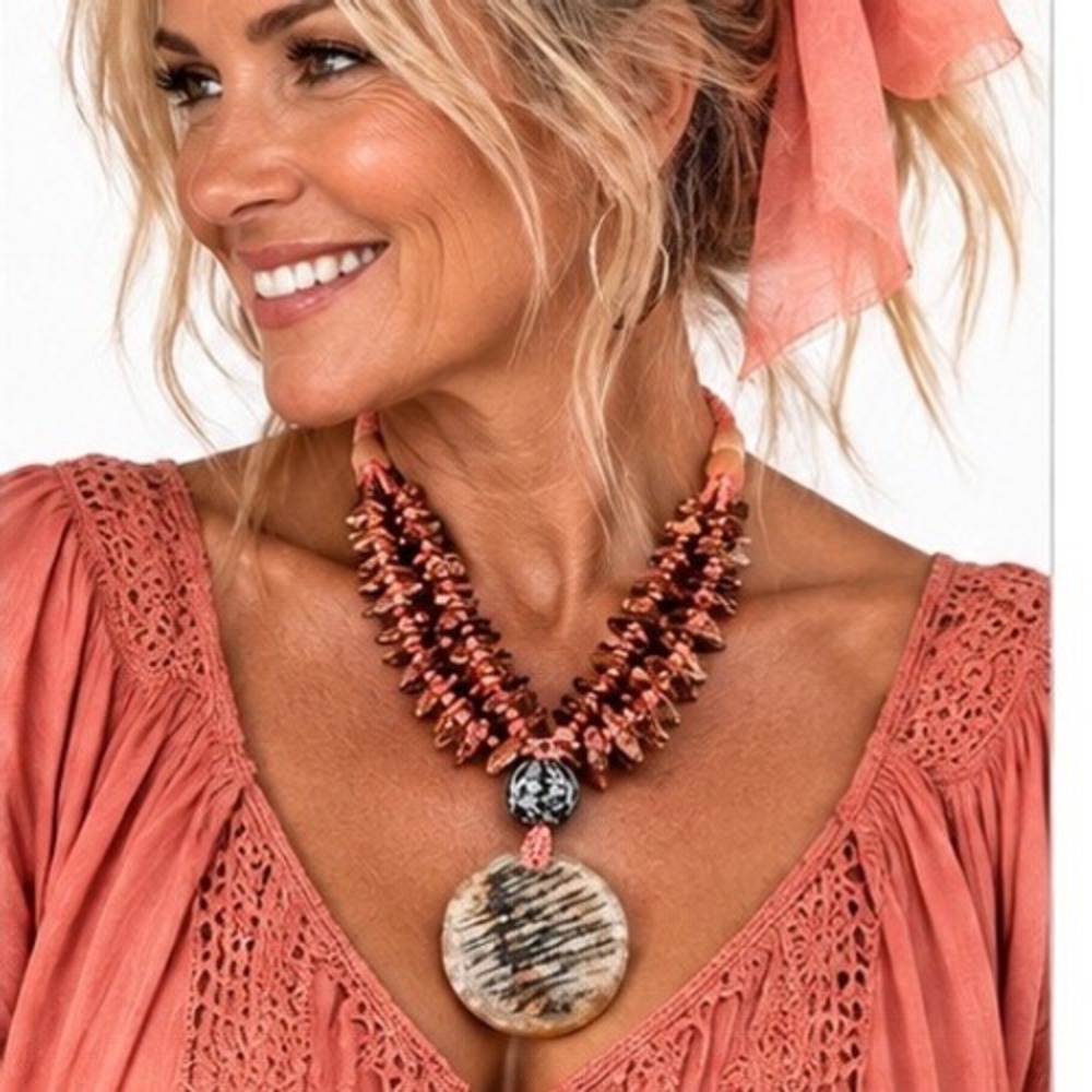 Boho Multi Terracotta Rose Tiger Stripe Resin Bead Pendant Statement Necklace